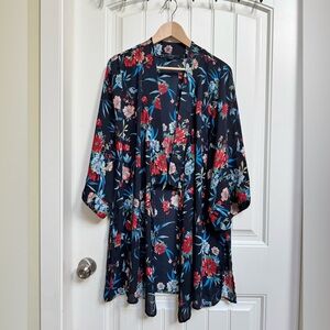 Tahari Navy Blue and Red Floral 3/4 Sleeve Open Duster Jacket. Size L/XL